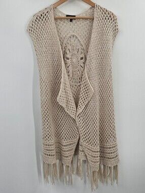 Crochet Cream Fringe Duster Vest Sweater Size Medium